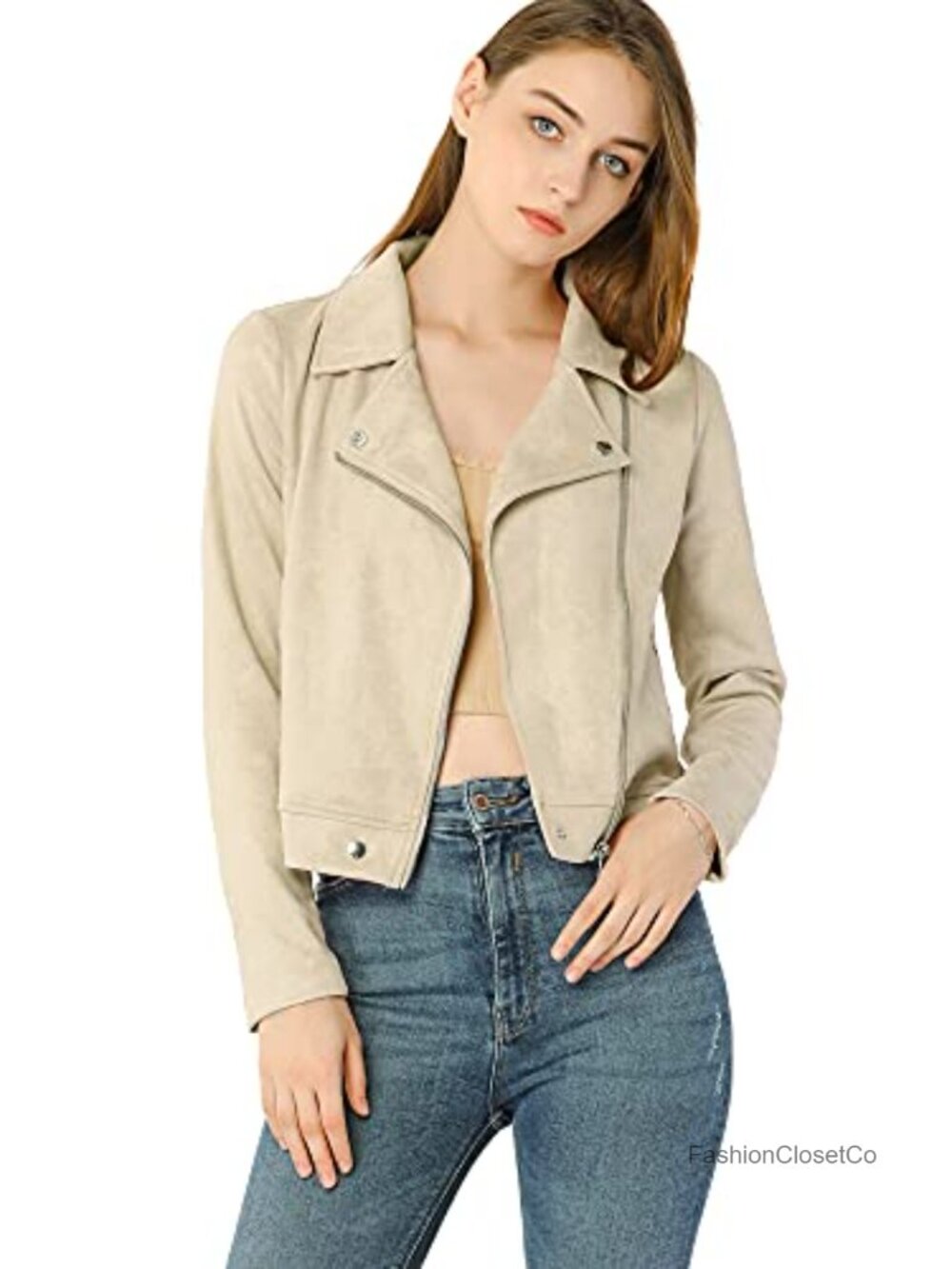 Faux Suede Moto Biker Jacket Asymmetric Zip Long Sleeve